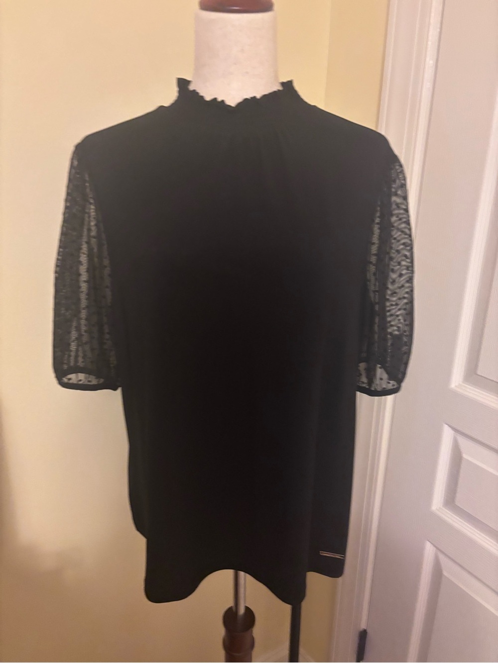 Anne Klein Black Sheer-Sleeve Mock Neck Blouse